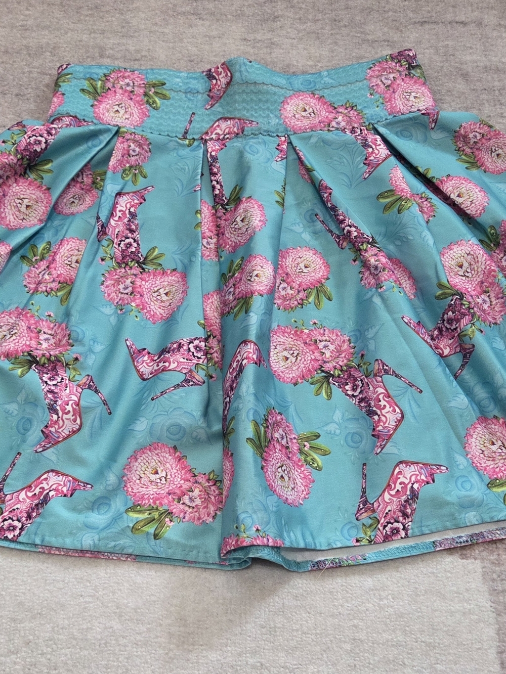 Turquoise Floral & Pink Heel Print Full Skirt